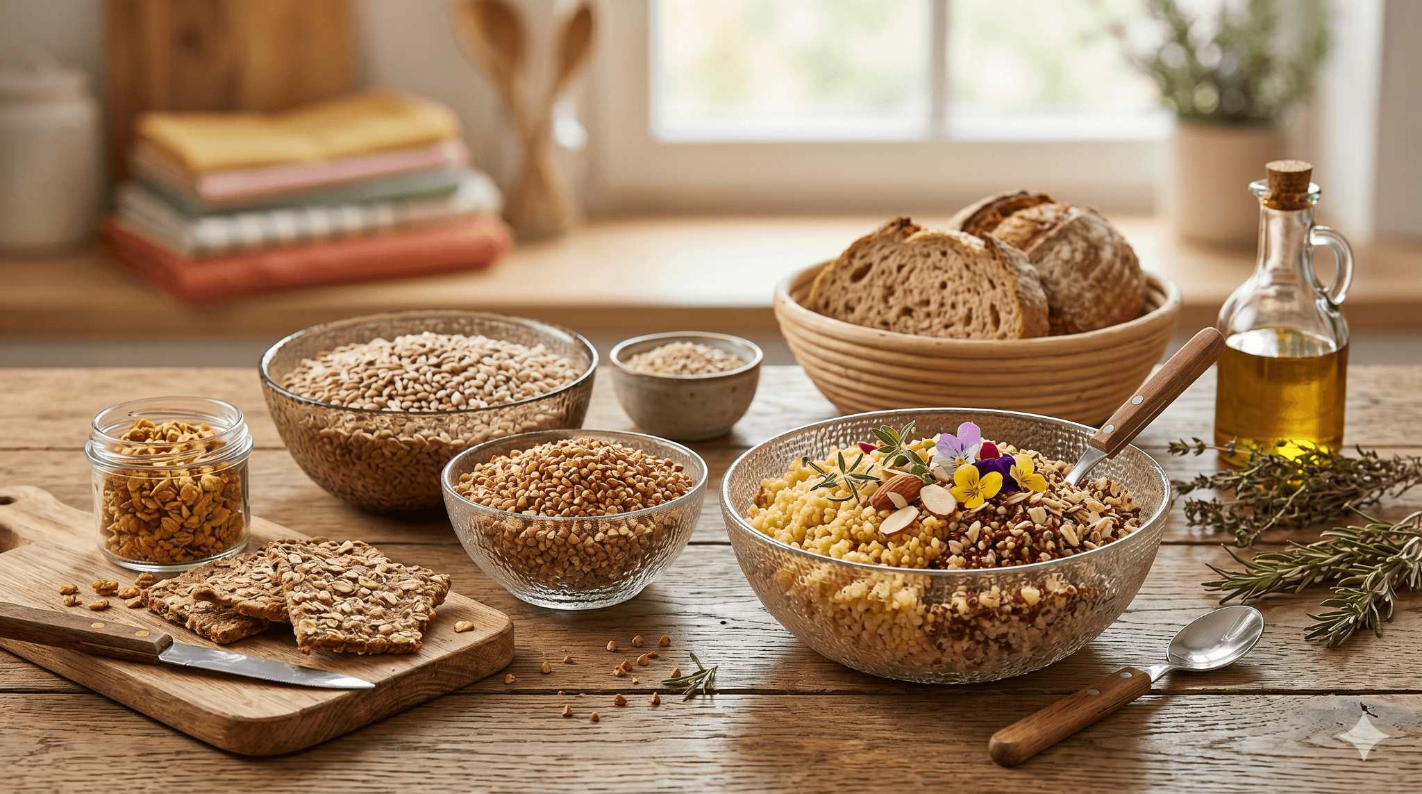 Sélection de grains entiers biologiques en bols (avoine, sarrasin, quinoa) et pain artisanal sur une table en bois pour nourrir le microbiote intestinal.