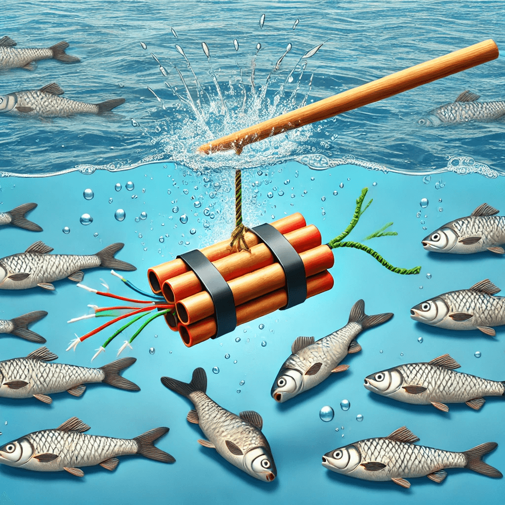 Stick of dynamite being thrown into a school of fish