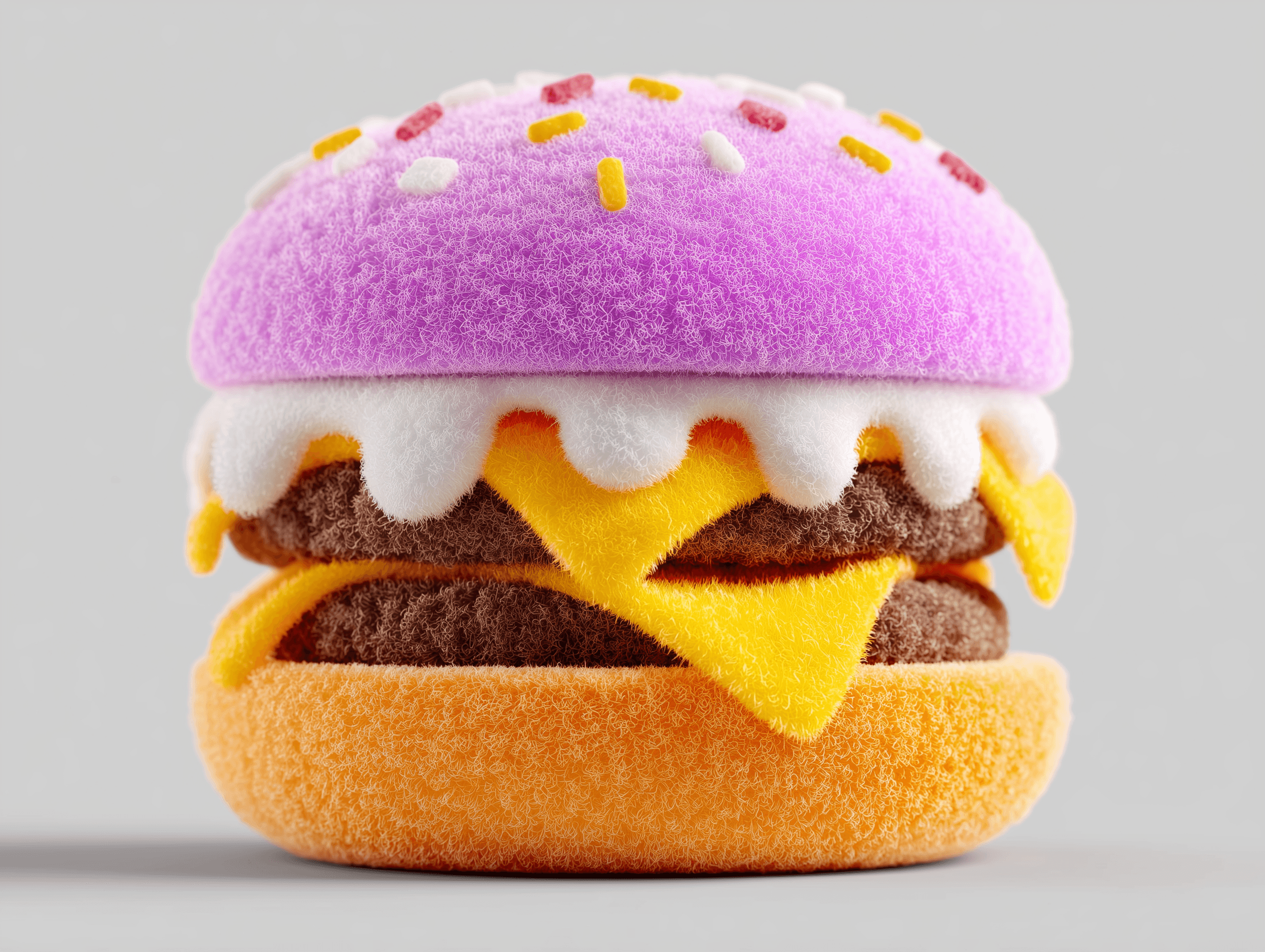 A cute 3D fuzzy burger with a pink sprinkled top bun, soft textured cheese, and plush burger patties, designed in a playful pastel aesthetic on a light gray background.