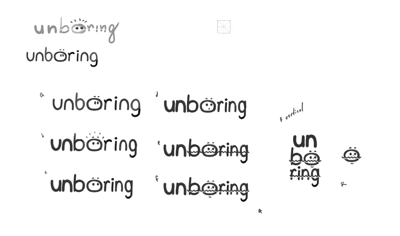 A sheet of Unboring studies: several wordmarks with the “o” drawn as a surprised face, two crossed by a wavy stroke, plus a stacked lockup and the face icon alone.