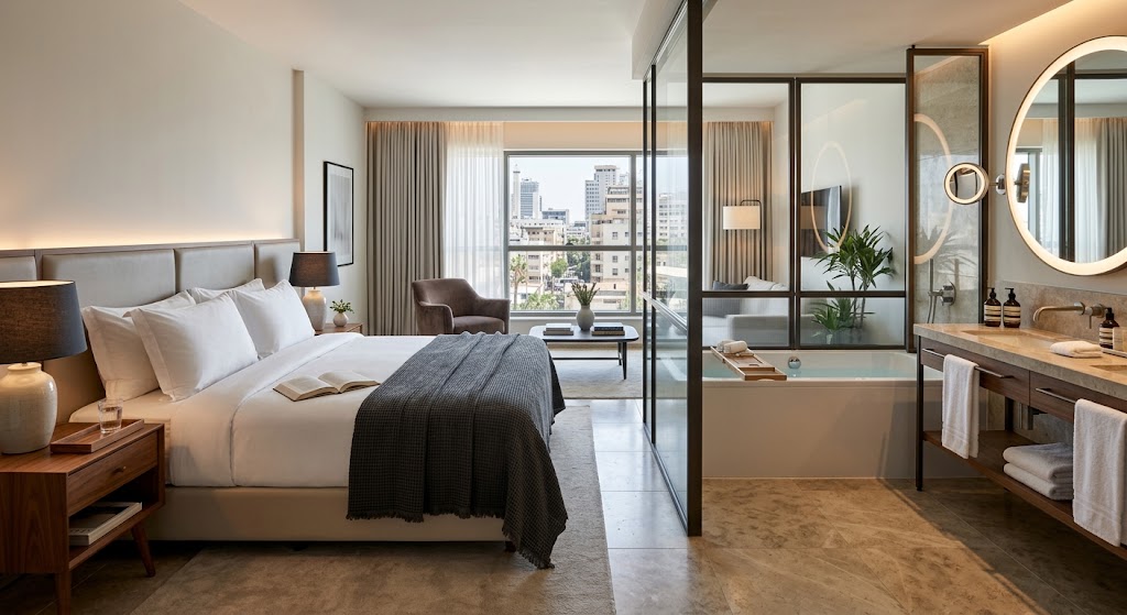 Hotel room with a glass wall between the bedroom and the bathroom
