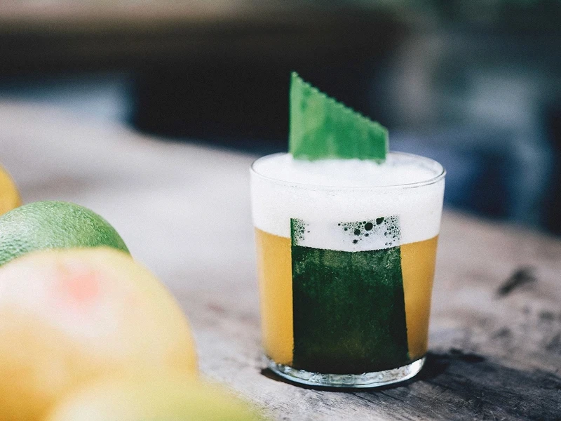 Prepared drink at Jungle Bar, Be Tulum, served in a glass.