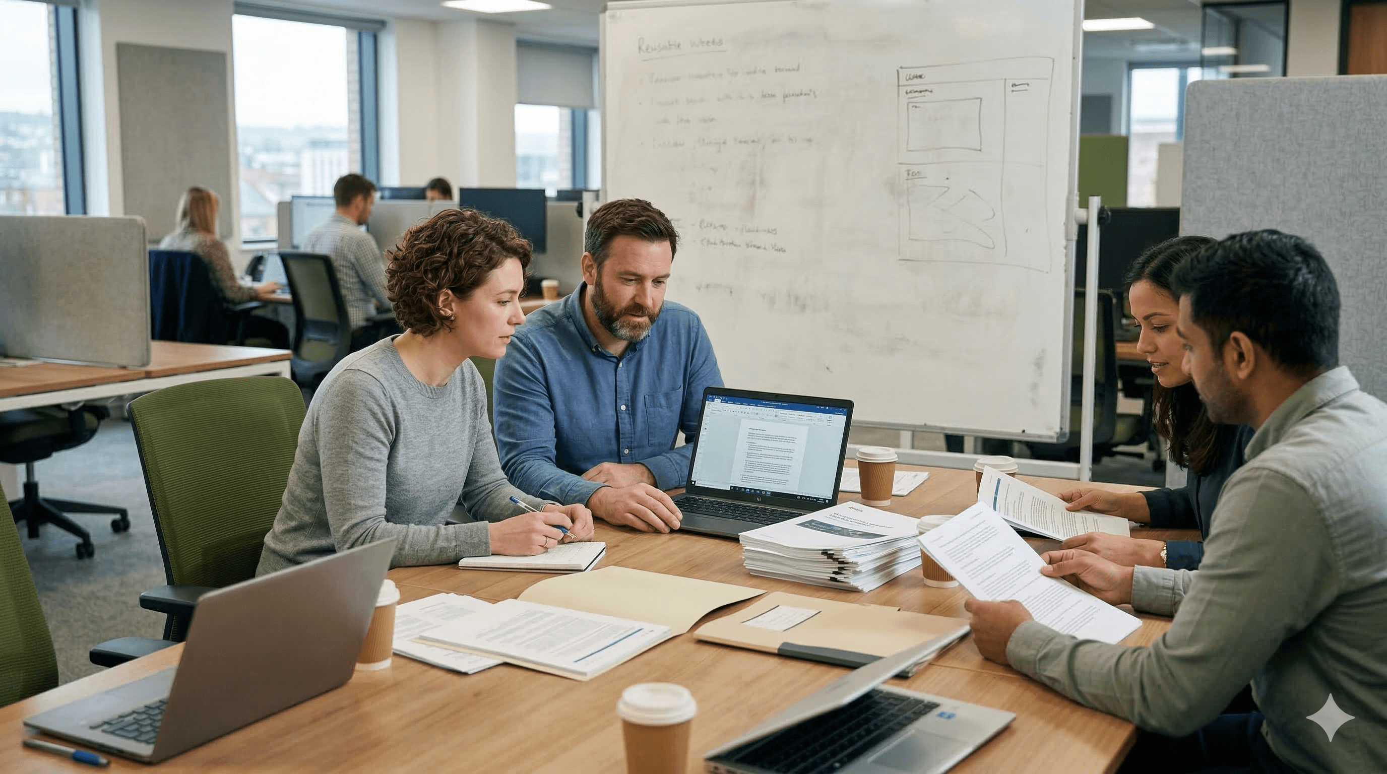 A diverse group of four professionals engage in a collaborative meeting around a table cluttered with laptops, documents, and coffee cups in a modern office setting, focusing on pricing strategies for 1M Context Window: Opus 4.6 & Sonnet 4.6 with a whiteboard displaying diagrams and notes in the background.