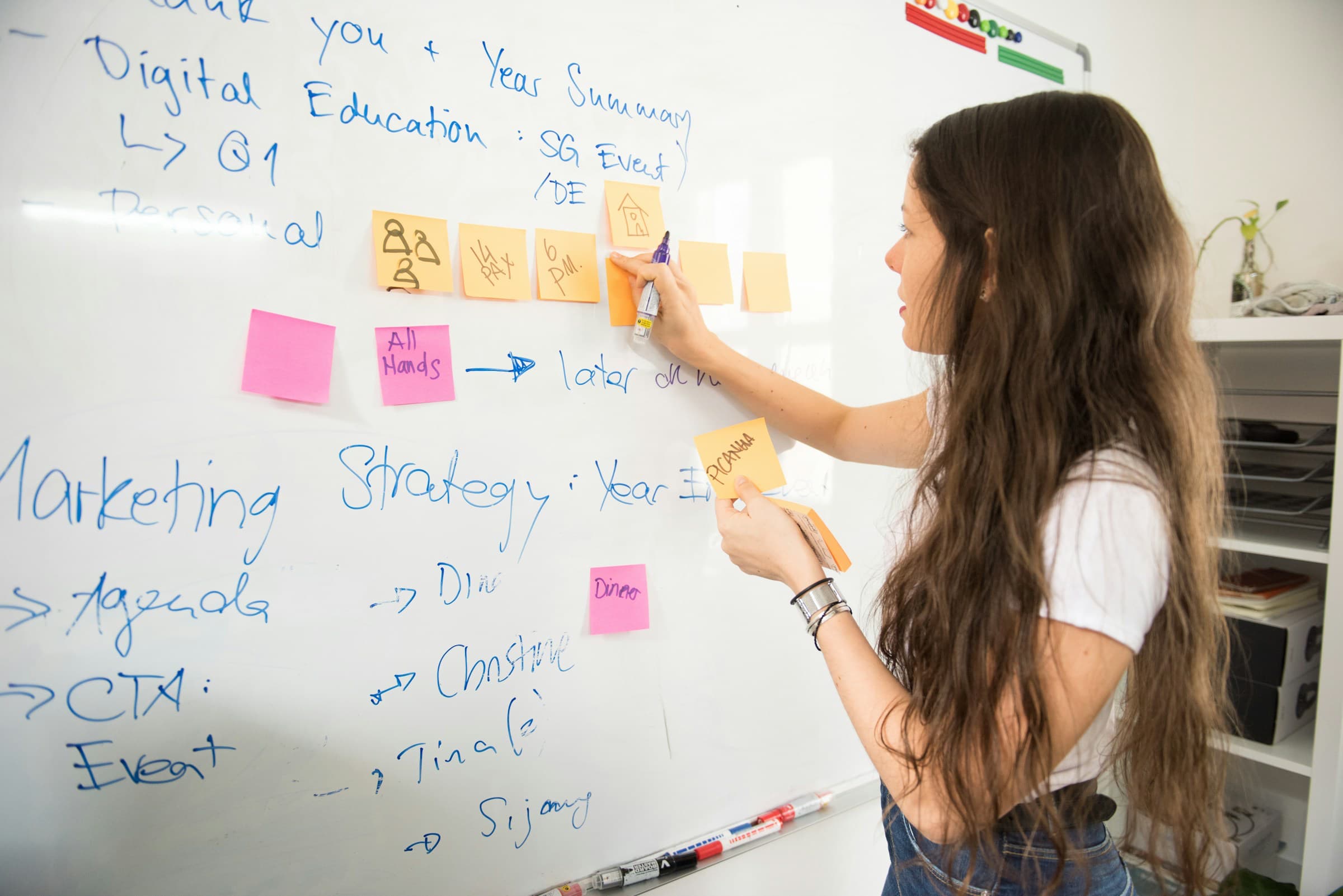 Woman working on product strategy at a white board for Nululab.