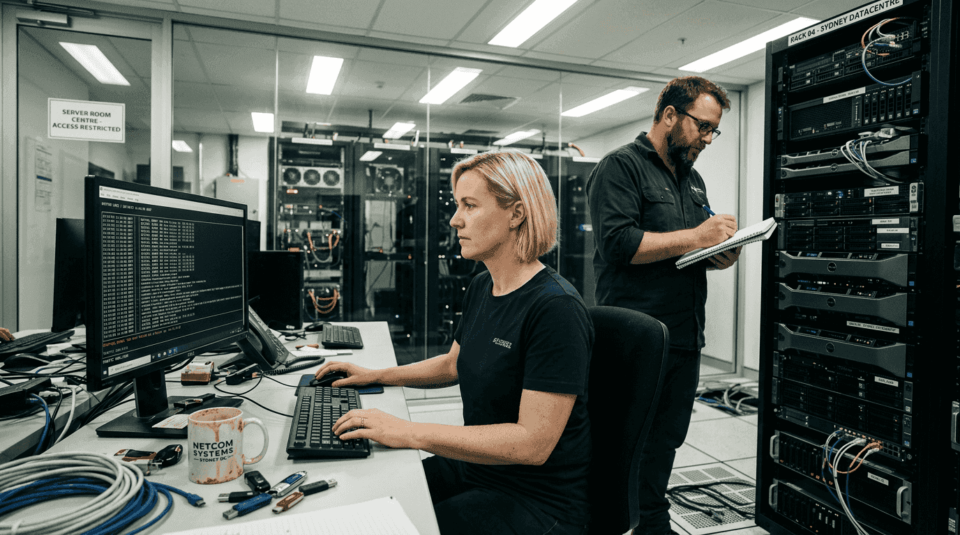 IT team working in busy server room
