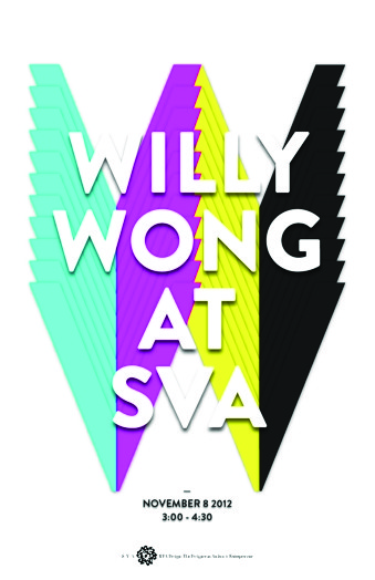 A logo designed as multiple W's in cyan, magenta, yellow and black colors. Over it a white text that says: WILLY WONG AT SVA