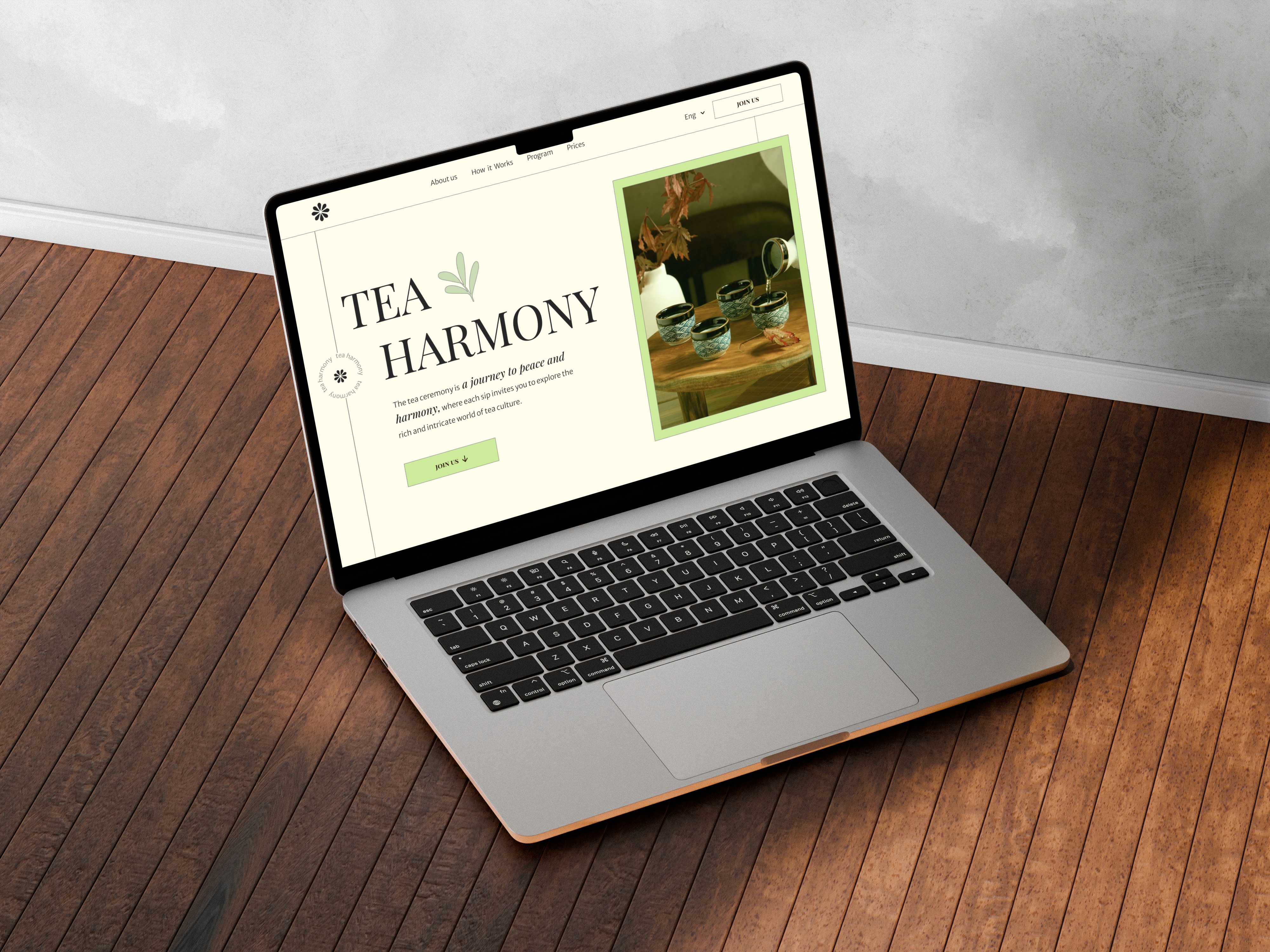 Laptop displaying the Tea Harmony landing page homepage with clean minimal design and calming visuals.