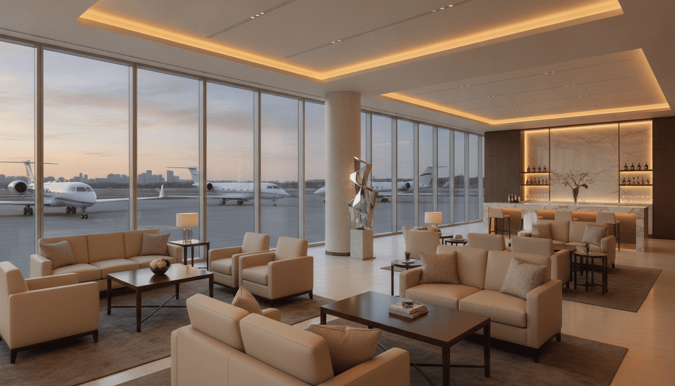 Private jet FBO terminal lounge and ground handling scene