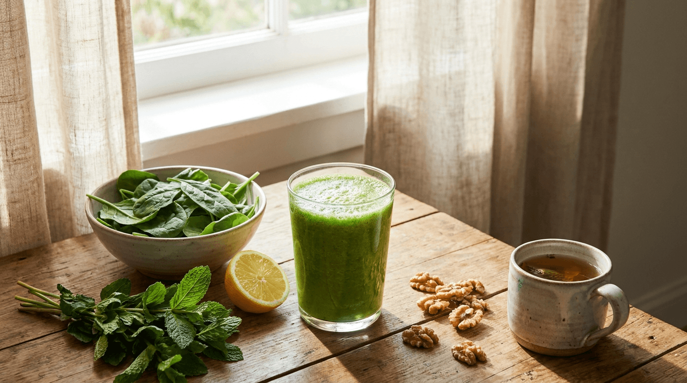 A vibrant green protein shake beside fresh leafy greens, lemon and herbs on a light wooden table in soft natural morning light, evoking a calm, energizing wellness routine.