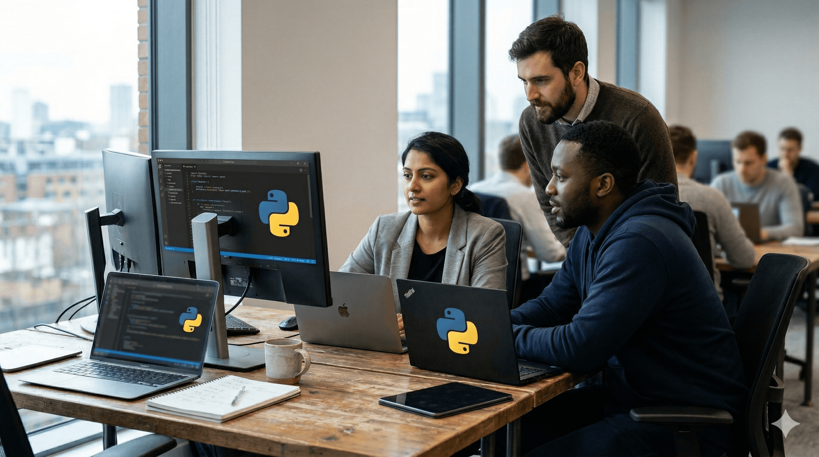 A diverse group of professionals collaborates around a wooden table in a modern office, each engaged with laptops featuring Python logos, highlighting a tech-focused work environment, possibly discussing OpenAI’s Astral Acquisition and its impact on Python development.