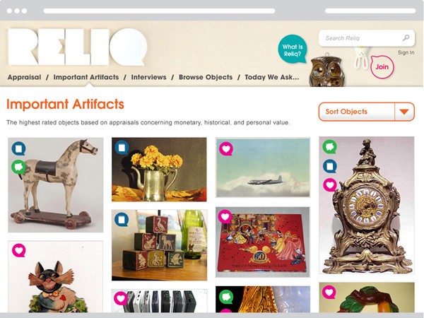 A screenshot of a RELIO website displays a navigation bar with links for "Appraisal," "Important Artifacts," "Interviews," "Browse Objects," and "Today We Ask...". A "Sort Objects" button is visible on the right. Below the navigation bar, the text "Important Artifacts" is prominent, followed by "The highest rated objects based on appraisals concerning monetary, historical, and personal value." The page shows thumbnails of nine images: a horse, a vase of flowers, a plane, a clock, a dog, a box of blocks, a decorative box, a painting, and a piece of jewelry.