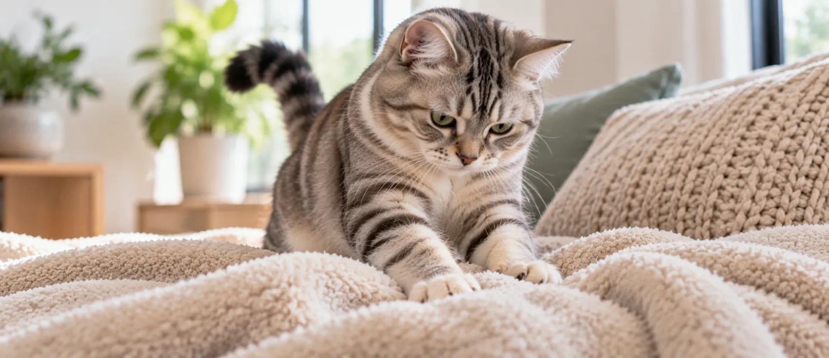 Tabby cat kneading a blanket on a couch with its front paws.