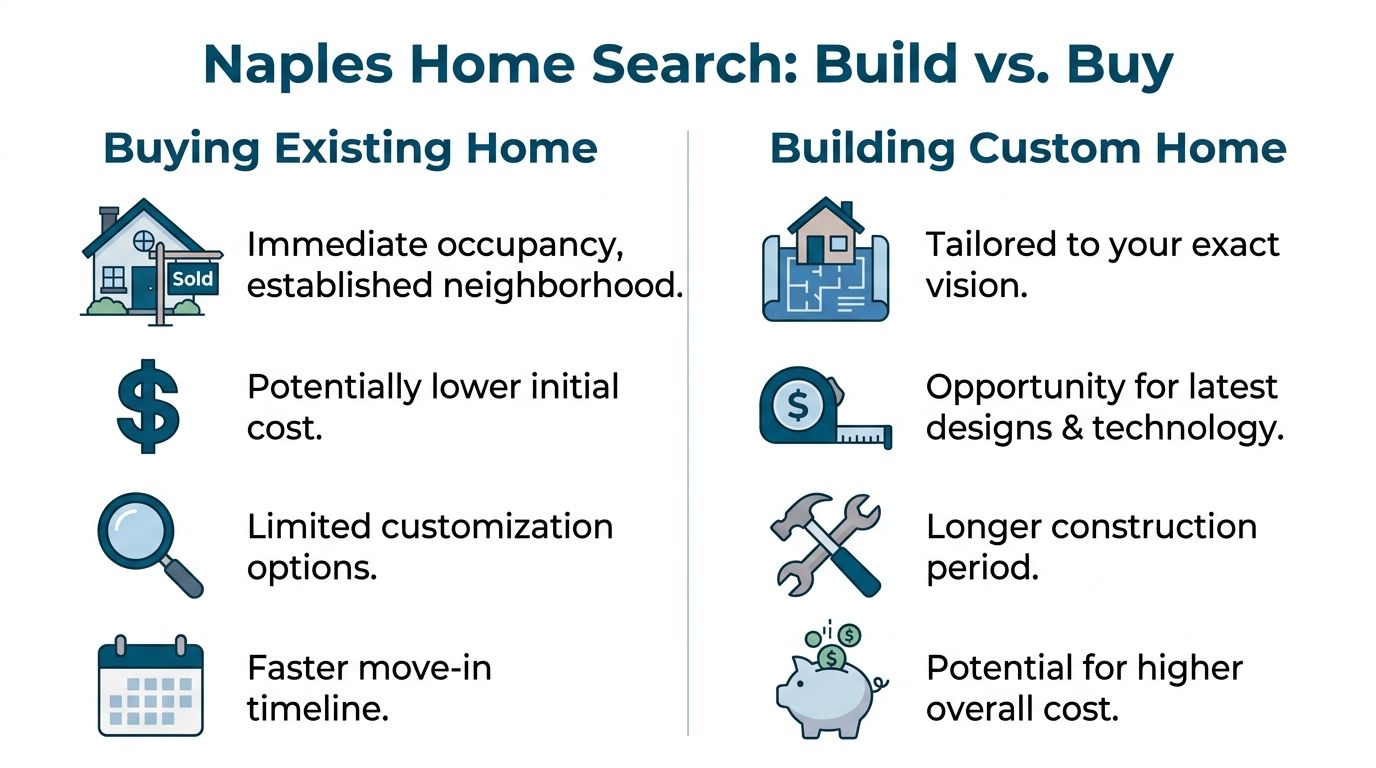 A comparison chart highlighting the pros and cons of buying an existing home versus building a custom home in Naples.