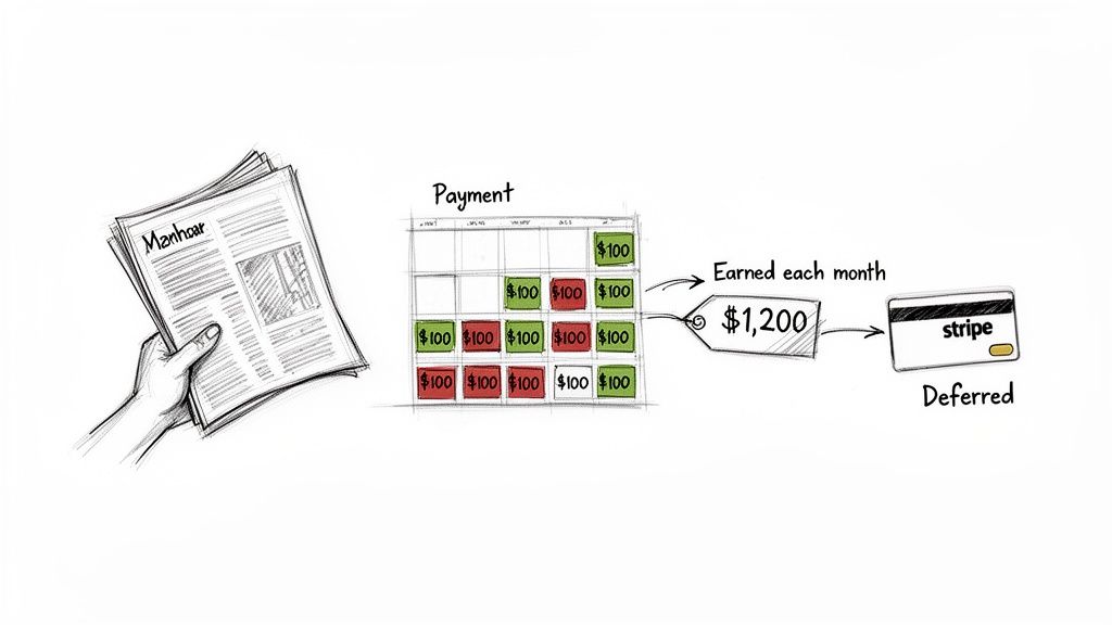 An illustration showing a hand holding a newspaper, a payment calendar, $1,200 earned monthly, and a deferred Stripe credit card.