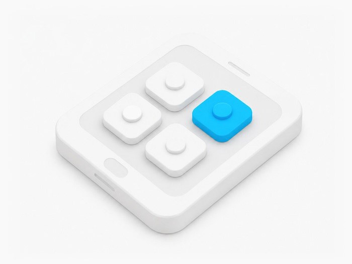 A white remote control with five buttons, including a prominent blue button, set against a white background.