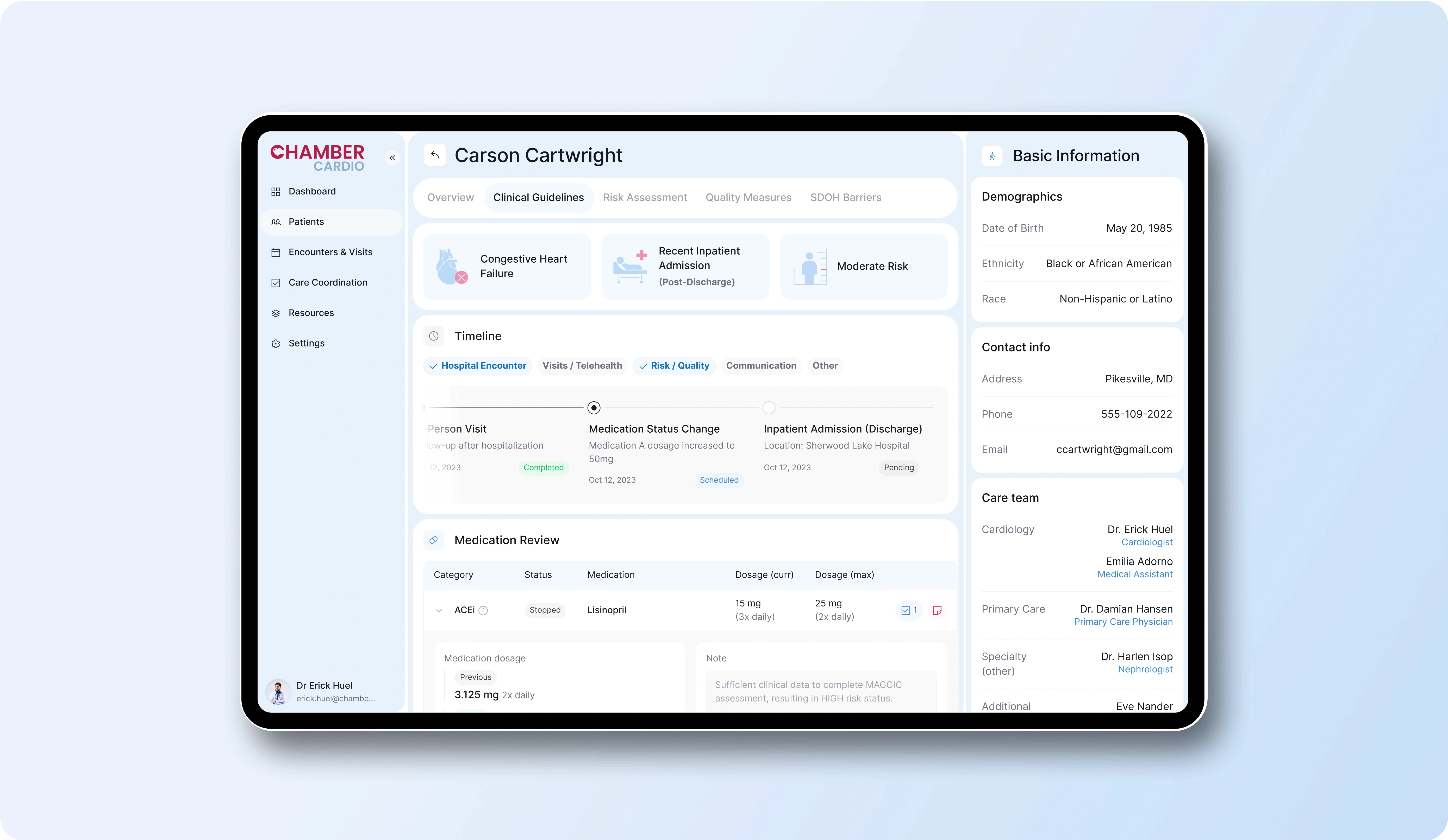 A tablet screen displaying a detailed patient dashboard from ChamberCardio. The interface shows medical information for Carson Cartwright, organized into sections:  Clinical Overview: Conditions listed include "Congestive Heart Failure," "Recent Inpatient Admission (Post-Discharge)," and "Moderate Risk." Timeline: Shows key medical events such as hospital encounters, visits, medication status changes, and inpatient admission/discharge dates. Medication Review: Lists specific medications, their dosage, and status (e.g., ACEI - Lisinopril, dosage adjustments noted). Basic Information: Displays the patient's demographics, including date of birth, ethnicity, race, and contact information. Care Team: Lists healthcare professionals, such as the cardiologist Dr. Erick Huel, primary care physician Dr. Damian Hansen, and other specialists involved in care. The dashboard is cleanly designed with a light background, soft blue highlights, and clear text, making it easy for medical professionals to access important patient data quickly. The layout is structured for efficiency and clarity in clinical settings.