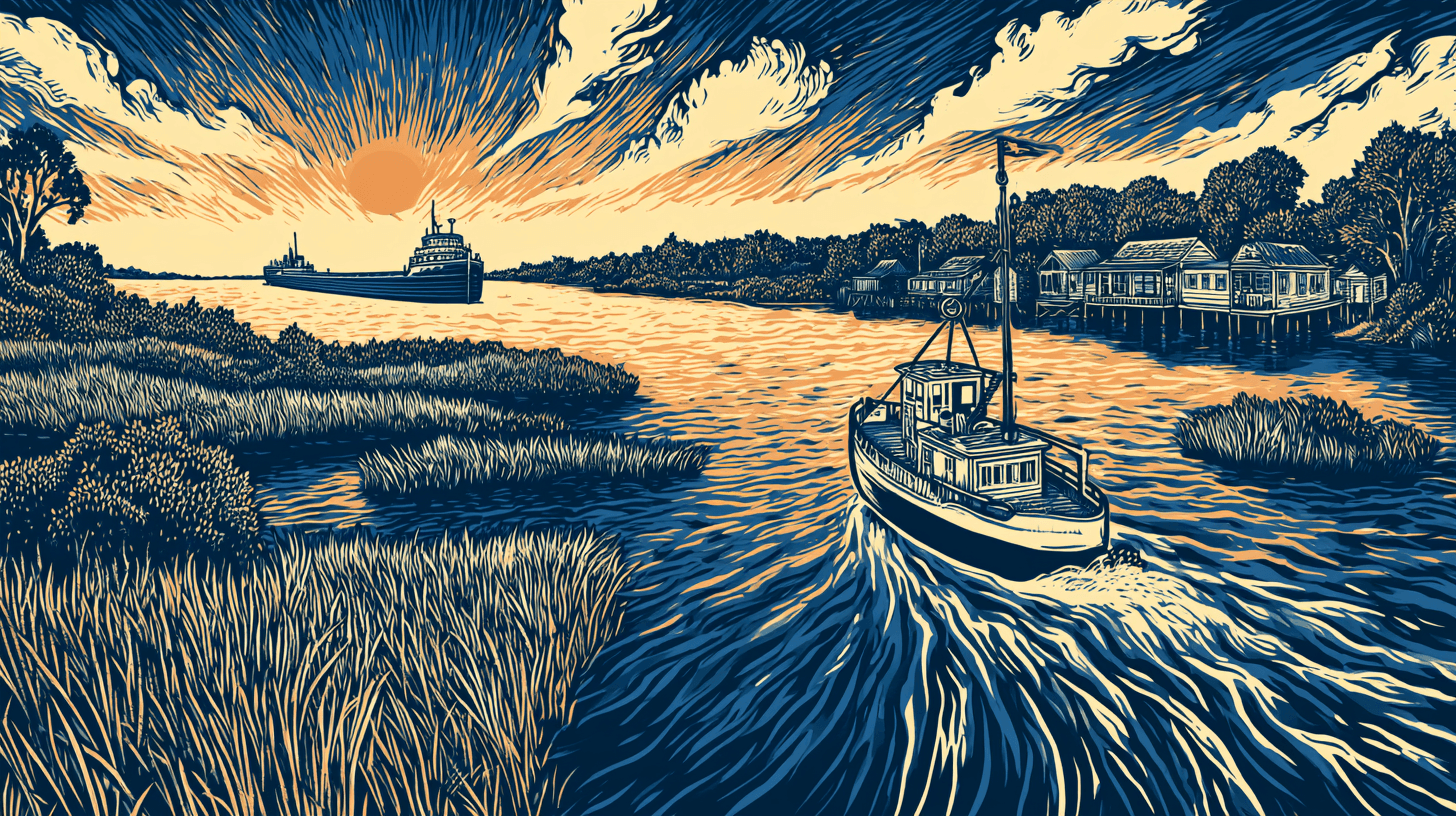 Woodcut illustration of a delta channel at sunrise, a small workboat running past marsh grass, cottages on stilts along the far bank and a lake freighter passing on the river beyond
