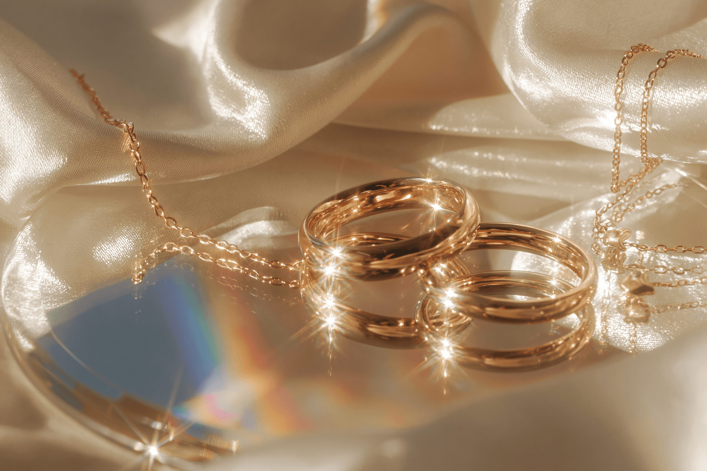 Two rose gold wedding rings rest on cream satin fabric, intertwined with delicate gold chains and a blue geometric charm, with soft light creating rainbow refractions and sparkling highlights.