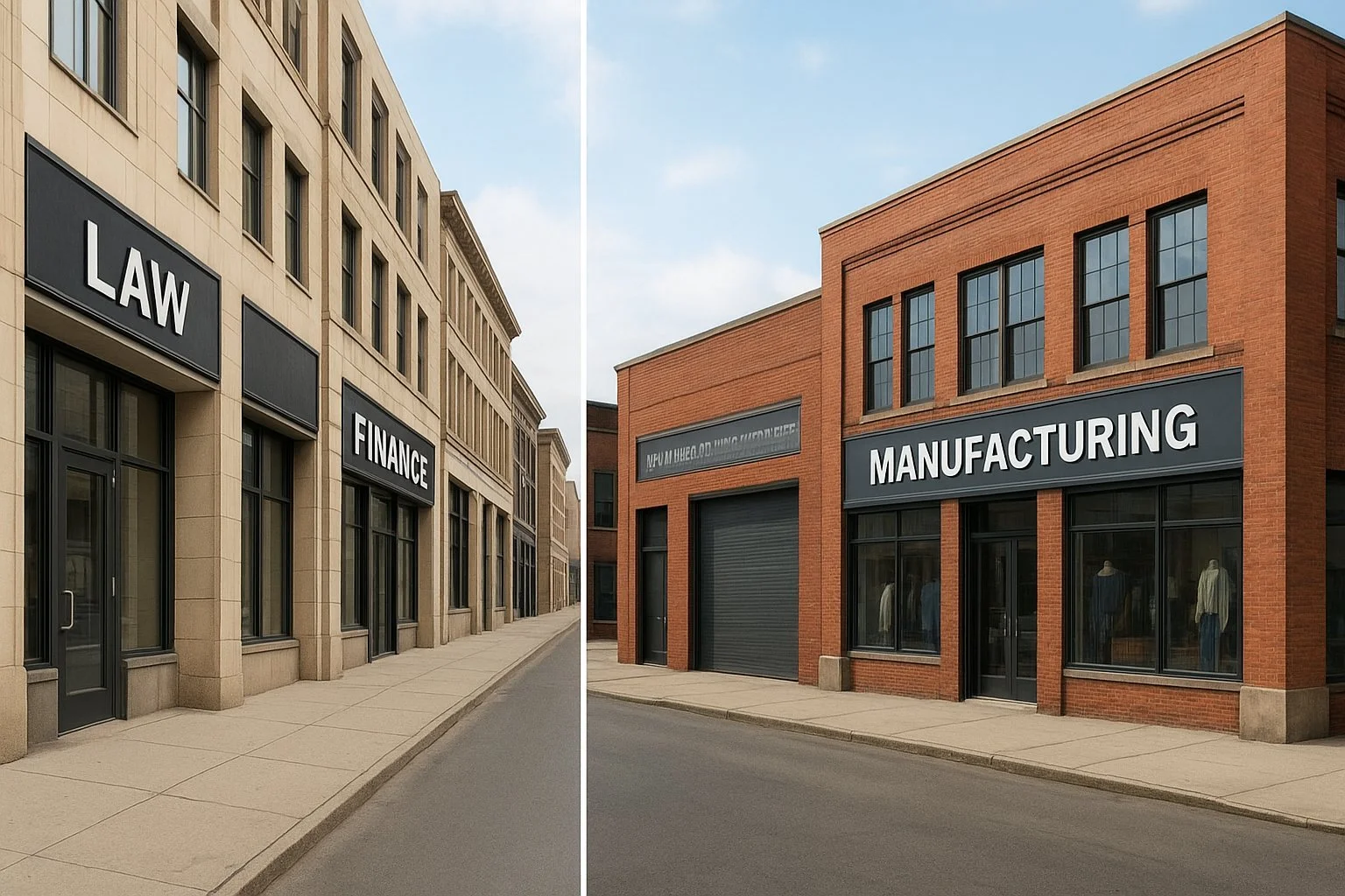 Split city scene showing professional service offices on one side and manufacturing buildings with retail stores on the other.