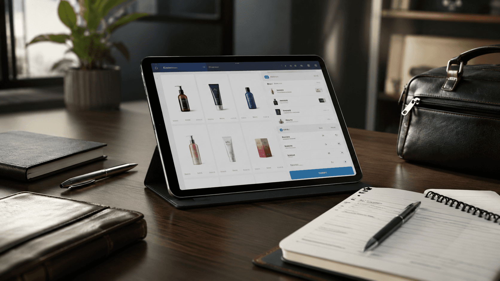 Ilustração 3D realista de um ambiente corporativo moderno com um tablet sobre a mesa exibindo um portal B2B com catálogo digital em tempo real. Ao redor, elementos de trabalho como bloco de anotações, caneta, pasta executiva e bolsa de representante comercial. A interface mostra produtos organizados, histórico de pedidos e informações comerciais em um layout limpo e profissional. Iluminação suave, ambiente sofisticado e foco em tecnologia aplicada a vendas B2B, sem pessoas e sem textos legíveis.