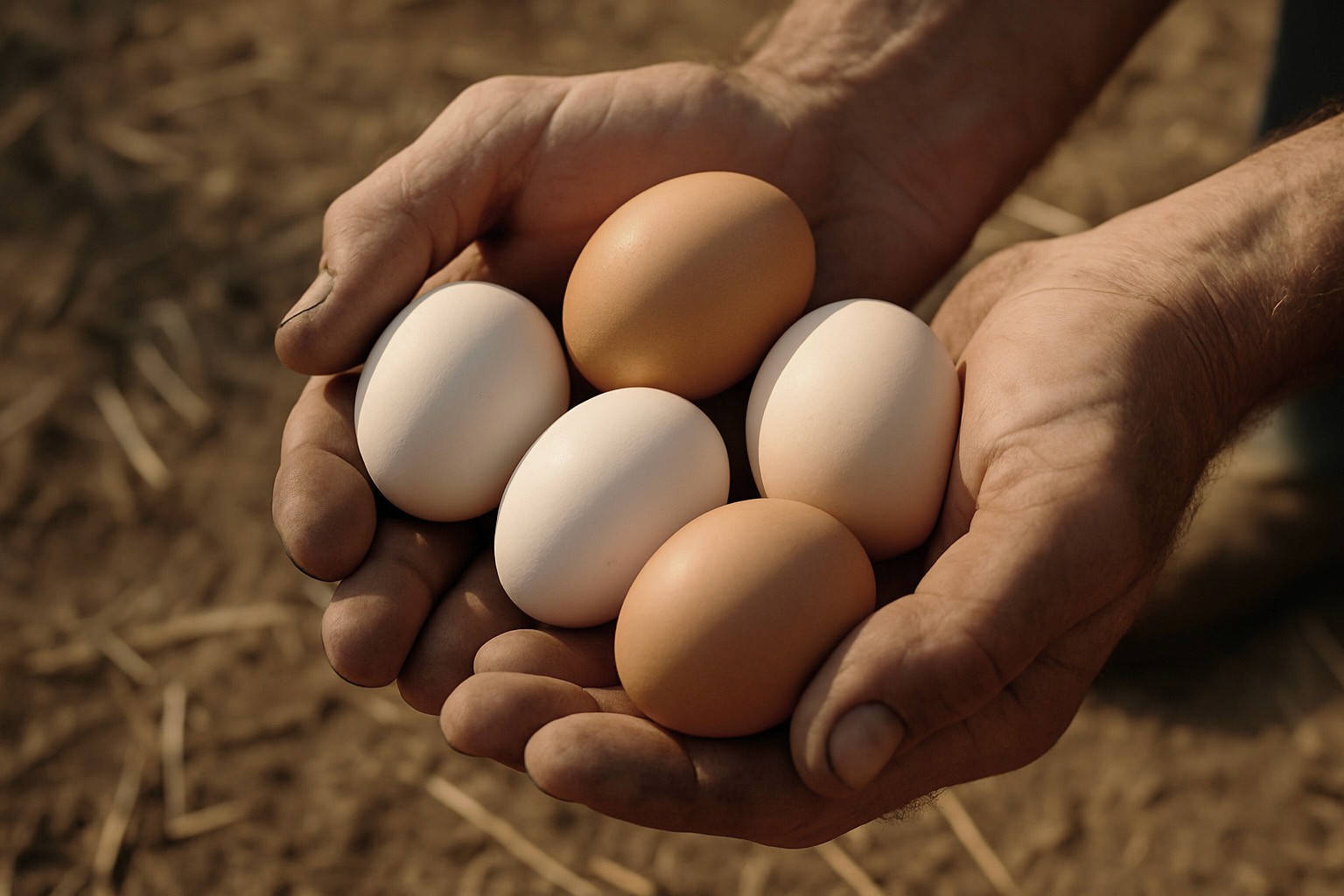 Close-up of two hands gently cradling a mix of white and brown eggs, set against a natural straw-covered ground, evoking farm-fresh simplicity.