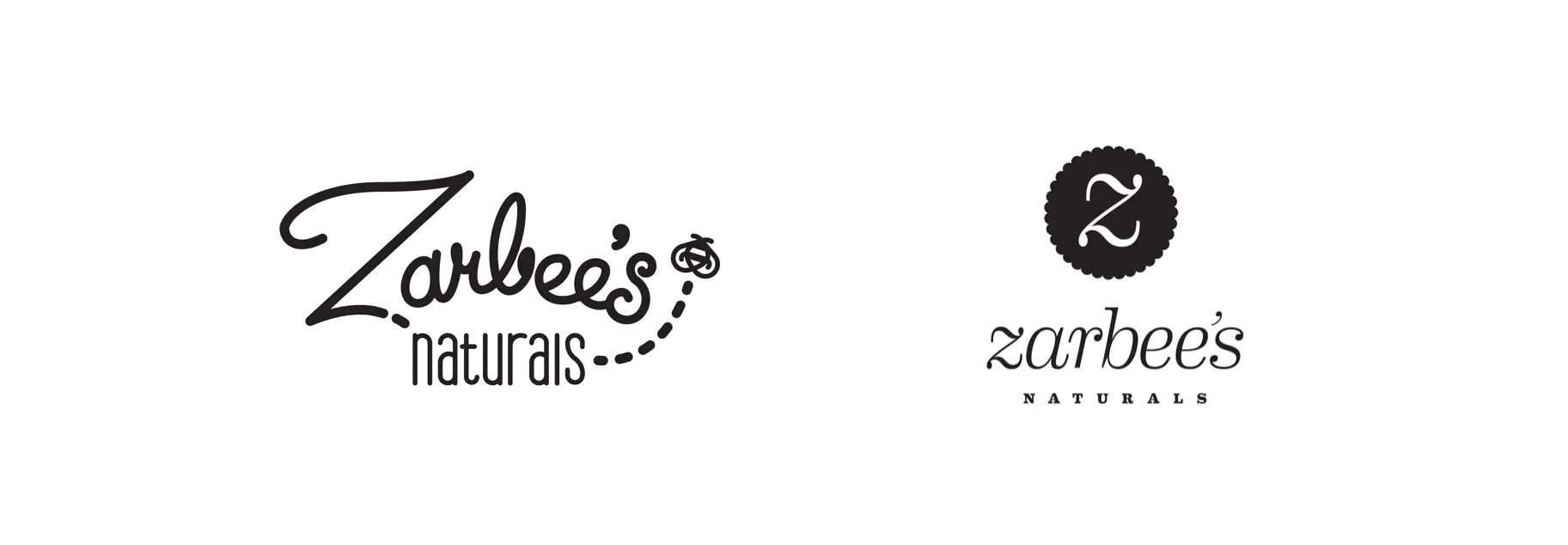 Two Zarbee's Naturals logo concepts — a hand-lettered script approach with Buzzy the bee trailing a dashed flight path, and a refined serif version with a scalloped circular "Z" monogram mark. Both in black on white.