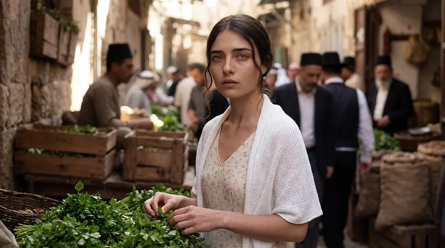 A young woman at a market stall of greens, the crowded street behind her
