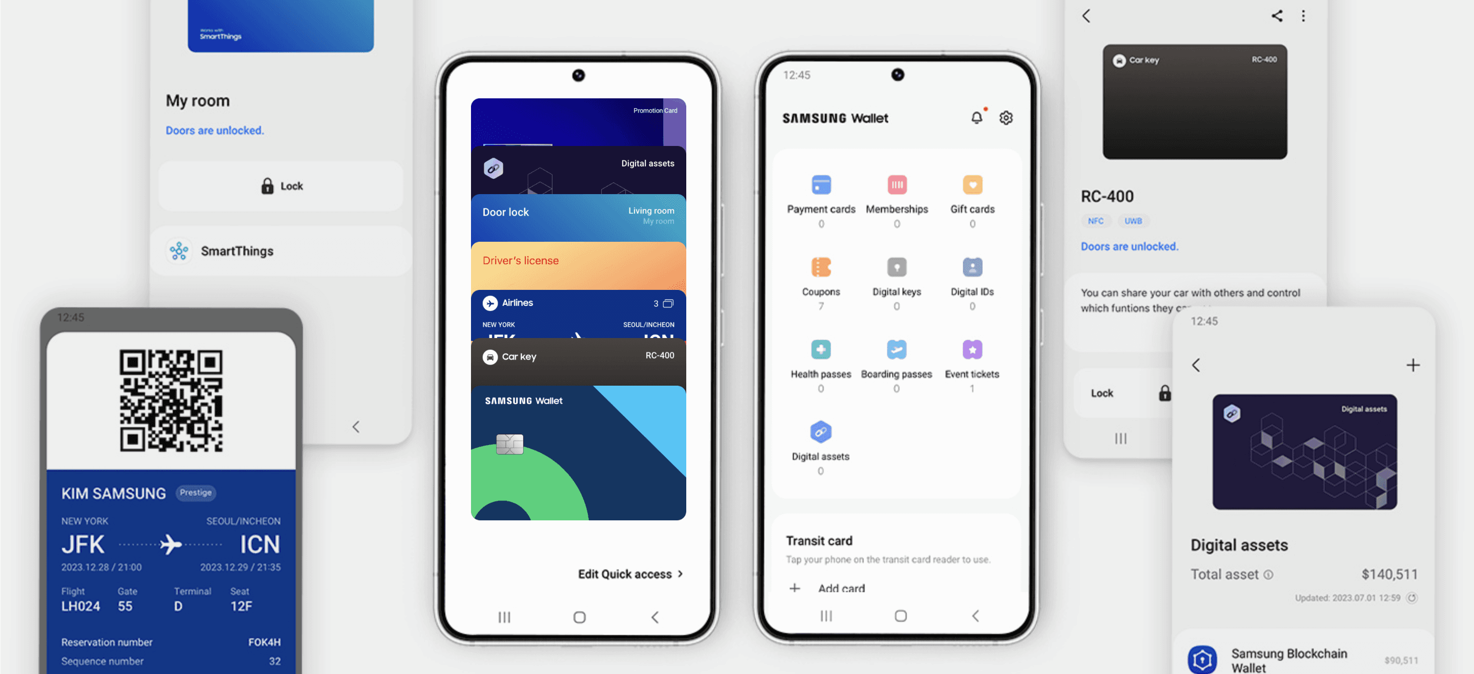 A mockup of Samsung smartphones with various wallet items added