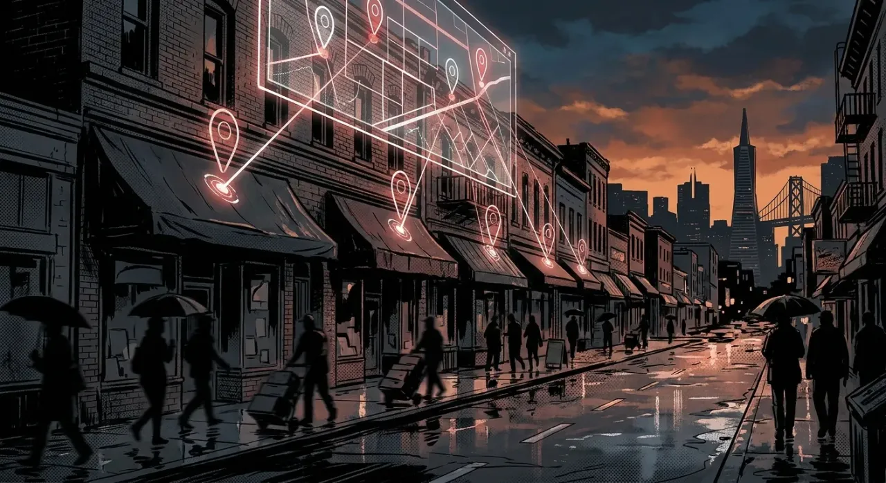 Street scene with digital map points; RockN' Socials Digital Marketing Agency.