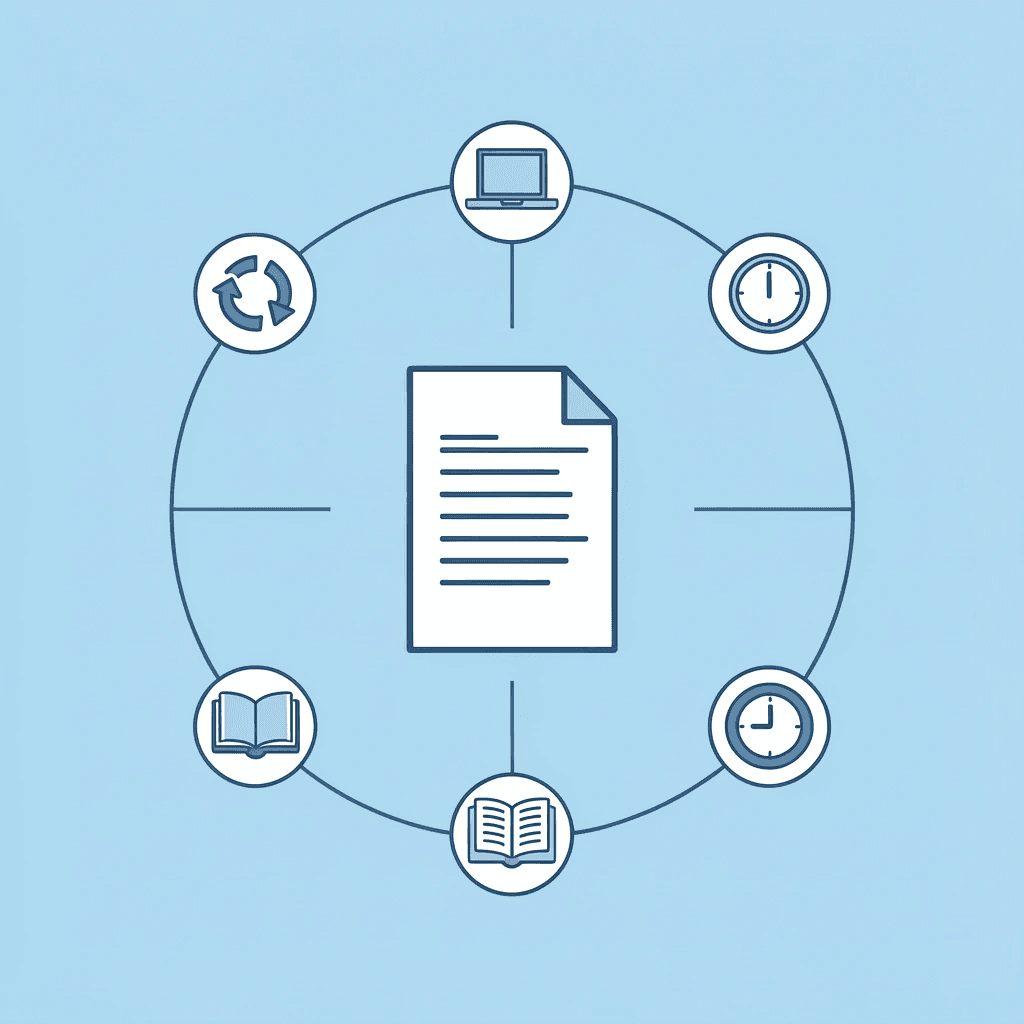 Central document icon surrounded by multiple platform icons (email, cloud storage, physical files, etc.) showing disconnected storage systems