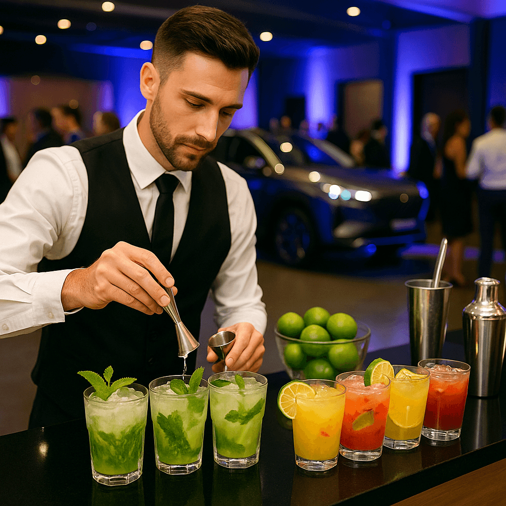 Garçom‑barista oferece espresso recém‑tirado em copo biodegradável, reforçando a hospitalidade sustentável do stand.