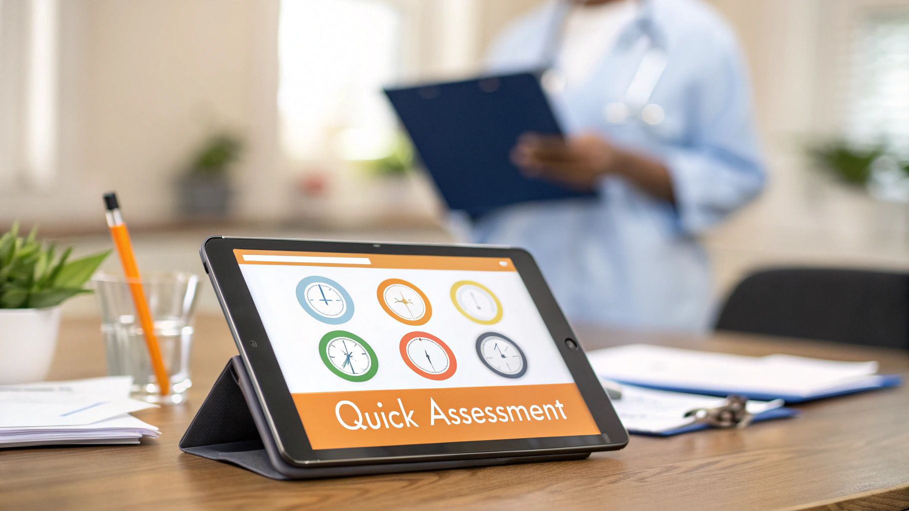 A tablet displaying a 'Quick Assessment' application with clock icons on a desk, near a medical professional.