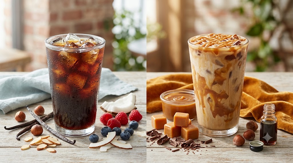 A side-by-side visual guide comparing Dunkin’ flavor shots (low calorie, unsweetened) to flavor swirls (creamy, sweet) with a focus on nutrition.