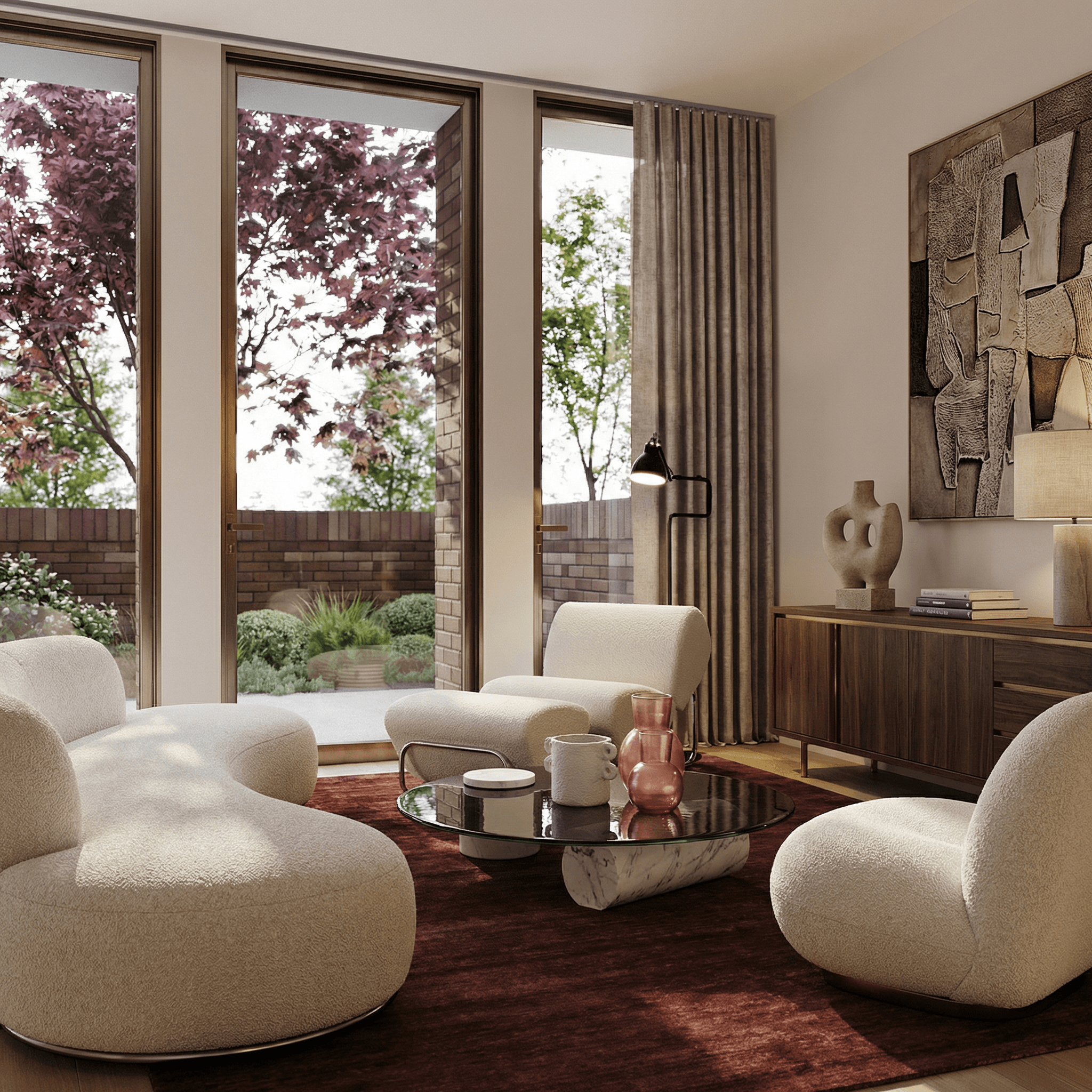Terracotta workspace with custom wooden desk, warm plaster walls, natural light, and abstract wall art.