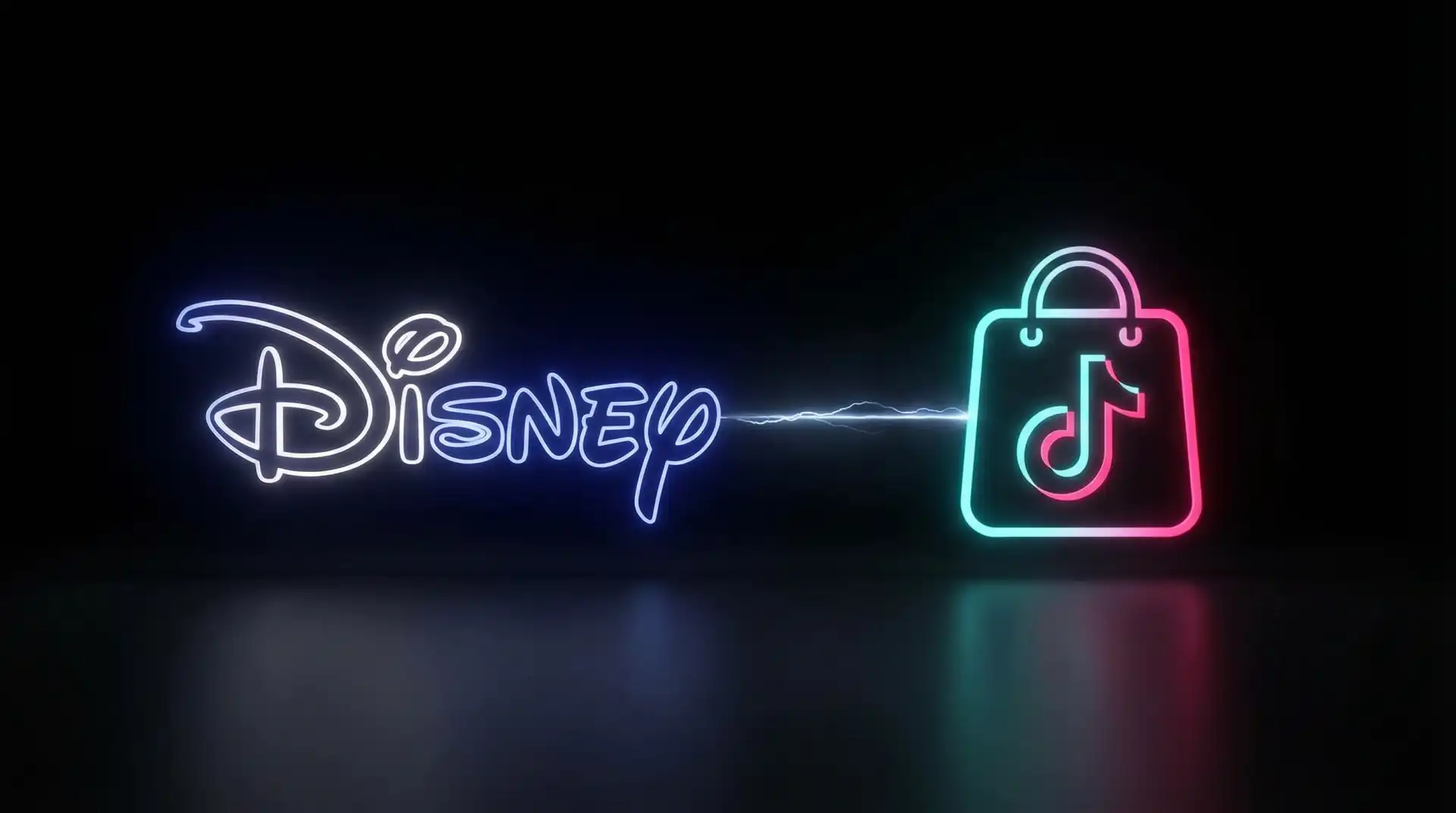 Neon Disney and TikTok Shop logos connected by a digital beam, symbolizing the brand's social commerce debut.