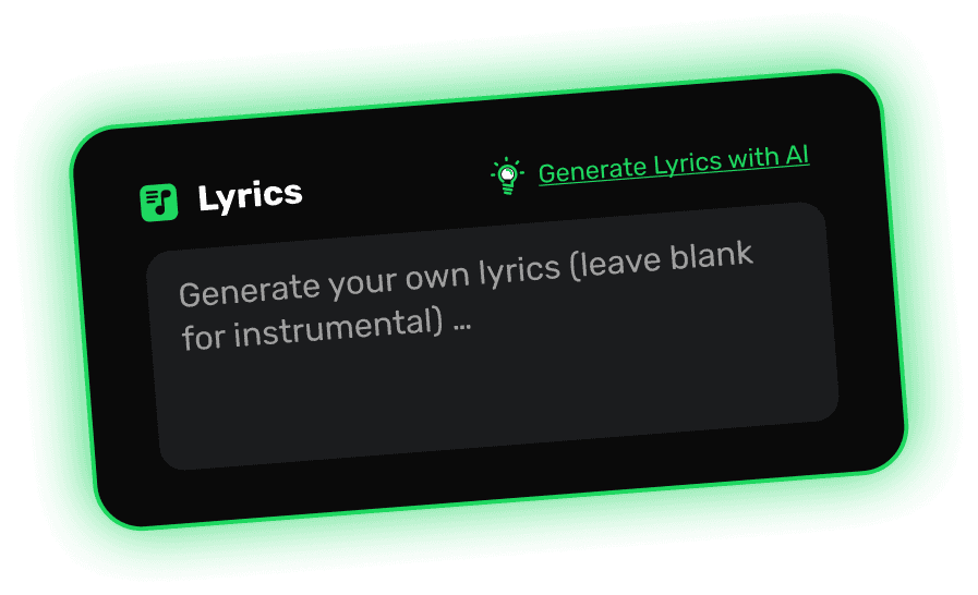 Sunora AI Music Generator app interface, showing options for customizing lyrics, including a "Generate Lyrics with AI" button and a prompt to enter your own lyrics or leave it blank for instrumental music.