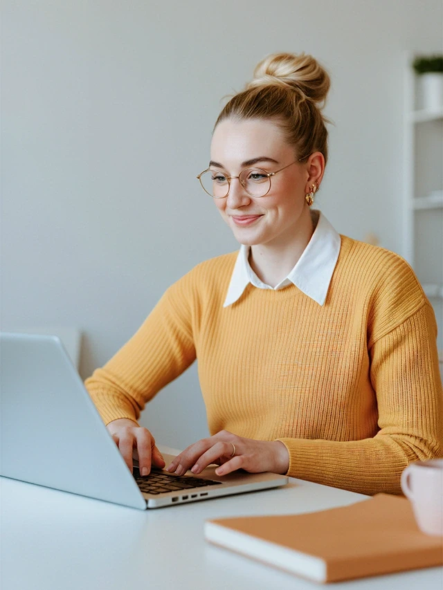 Young woman in glasses and a yellow sweater working on a laptop at a desk with a notebook and coffee mug.