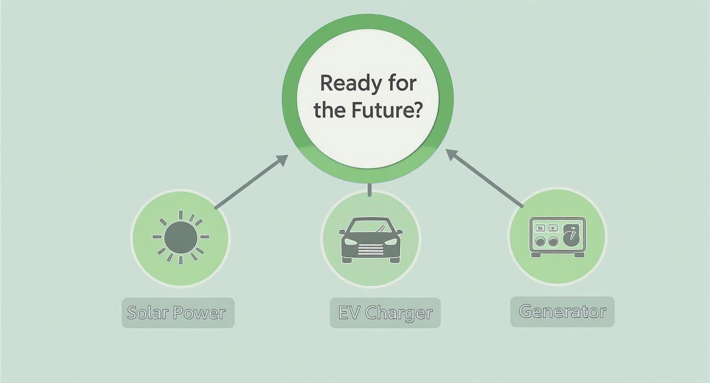 Infographic illustrating future energy readiness with solar power, EV charging, and a generator.