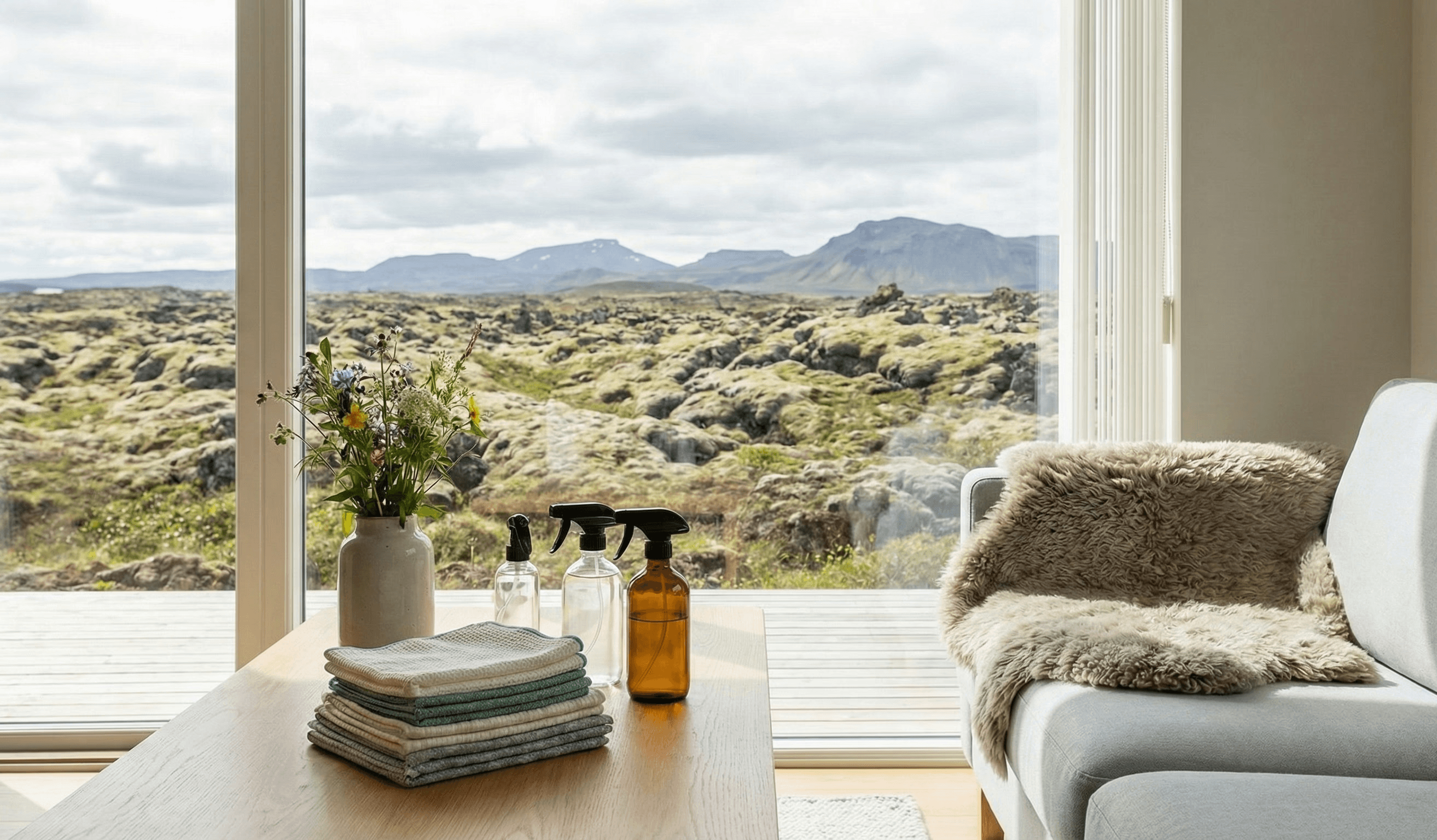 Notaleg stofa með stórum glugga og fallegu útsýni yfir íslenska náttúru.