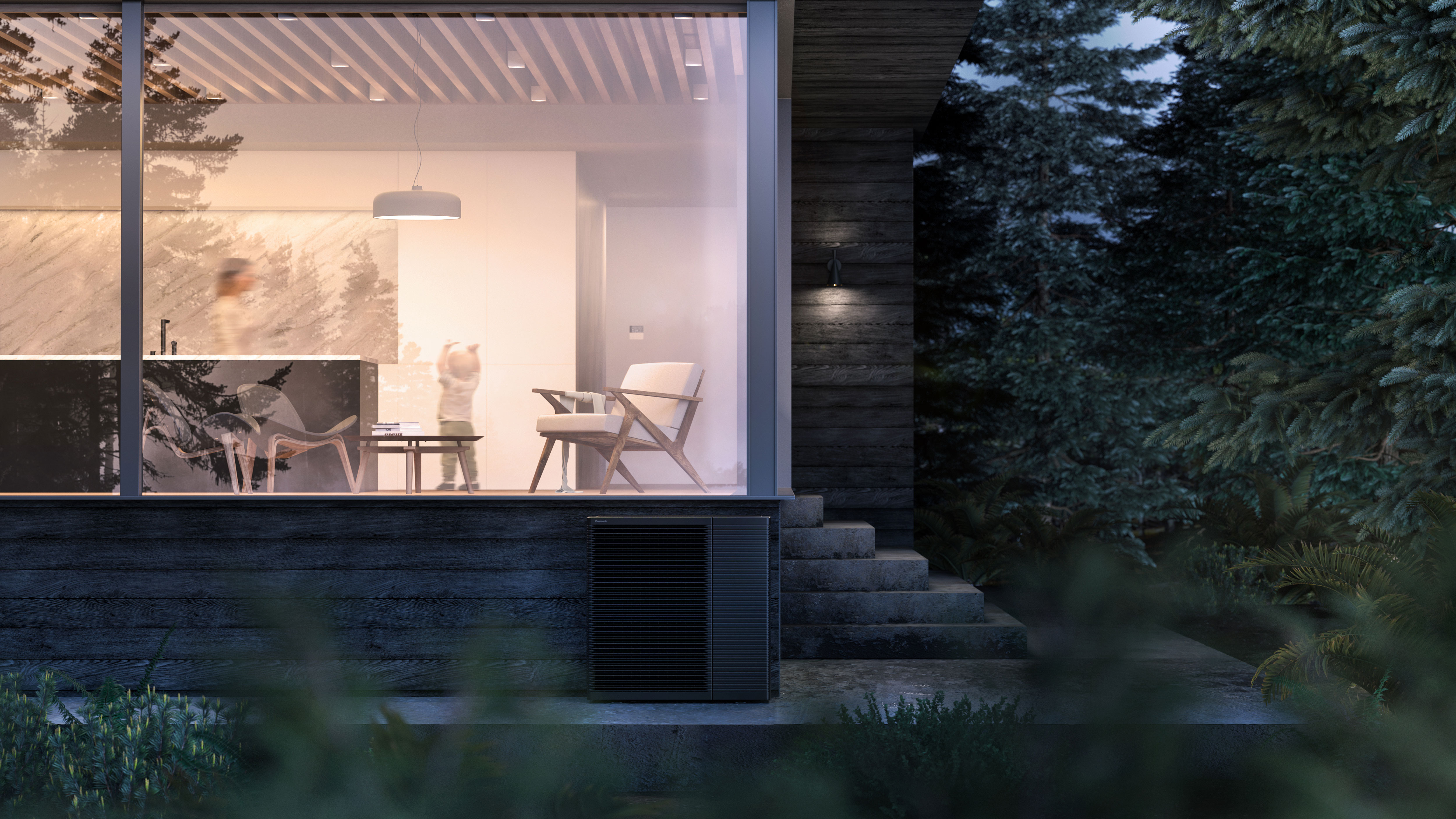 Moderne Buderus Wärmepumpe mit Innen- und Außeneinheit in stilvollem Raum mit Holz- und Betonwand. Die Buderus Logatherm Wärmepumpe steht für effiziente Heiztechnik, hohe Energieeinsparung und zeitloses Design – ideal für nachhaltige Modernisierung und Neubauprojekte.