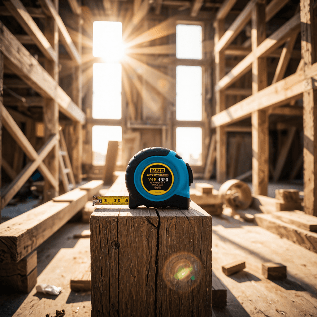 product photography of a tape measure, used for measuring lengths up to 5 meters, featuring a blue and yellow design
