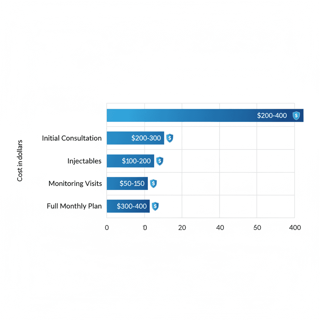 Horizontal bar chart showing estimated costs for TRT treatments in Meridian, including consultations, injectables, monitoring, and full plans.