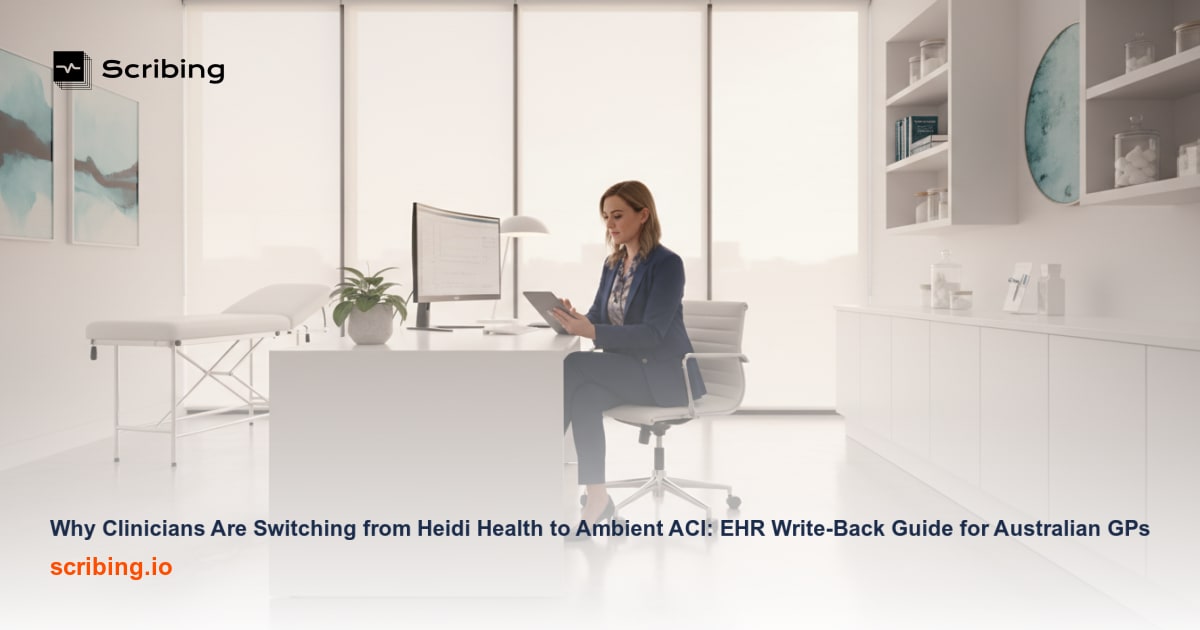 Australian GP at a desk with an electronic health record system, illustrating the transition from Heidi Health to ambient ACI clinical documentation