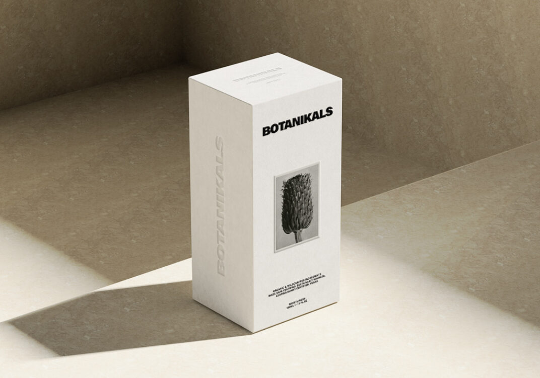 Tall product packaging mockup featuring a minimalist white box with embossed text and a monochrome botanical image. Displayed in soft natural lighting on a beige textured surface with subtle shadows.