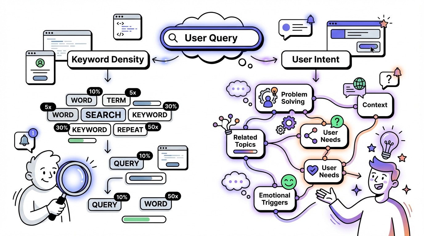 A diagram illustrating how a user's search query branches into two distinct concepts: 'Keyword Density', which focuses on literal word matching, and 'User Intent', which delves into the user's underlying needs and goals. The 'Keyword Density' path shows simple, repeated words, while the 'User Intent' path shows interconnected concepts like problem-solving and context.