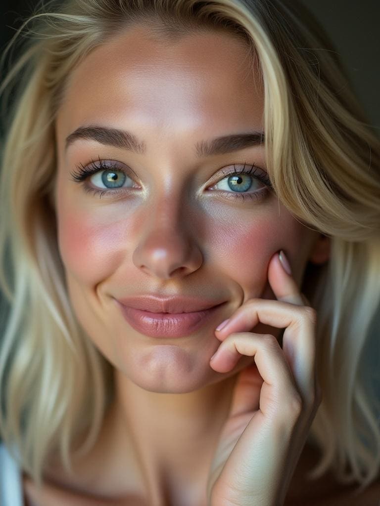 Gentle woman resting chin on hand, intrigued by a random face about honeybees.