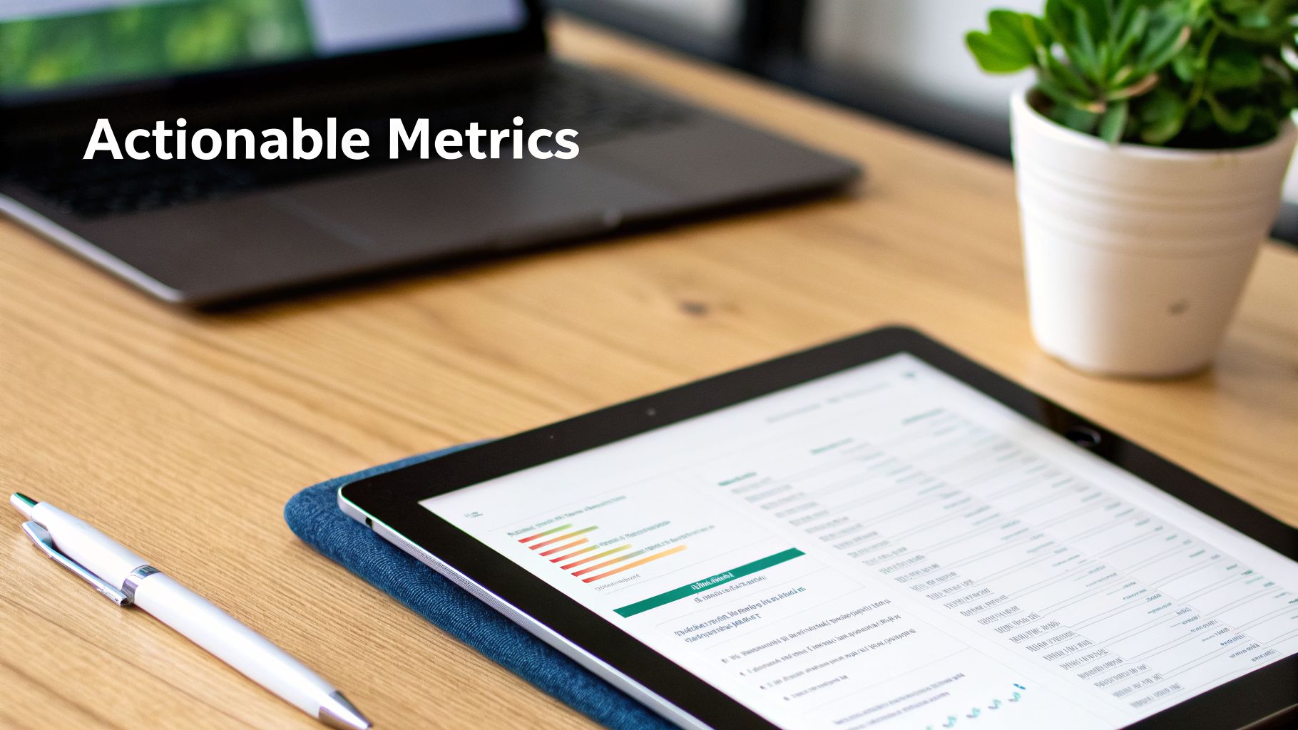 A modern workspace with a tablet displaying 'Actionable Metrics' and data charts, laptop, pen, and a plant.