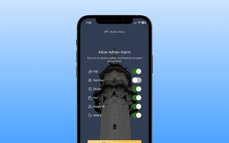 Muslim Muna Dashboard: 5 daily prayers setup of notifications for the Adhan.