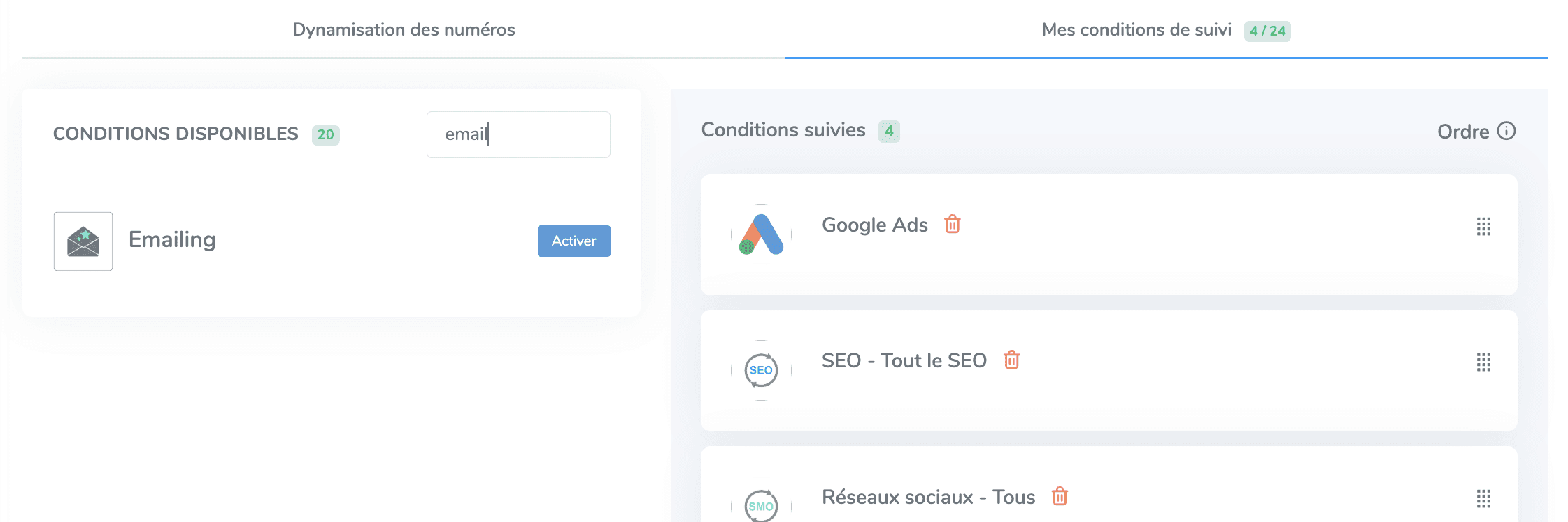 Configuration conditions de suivi