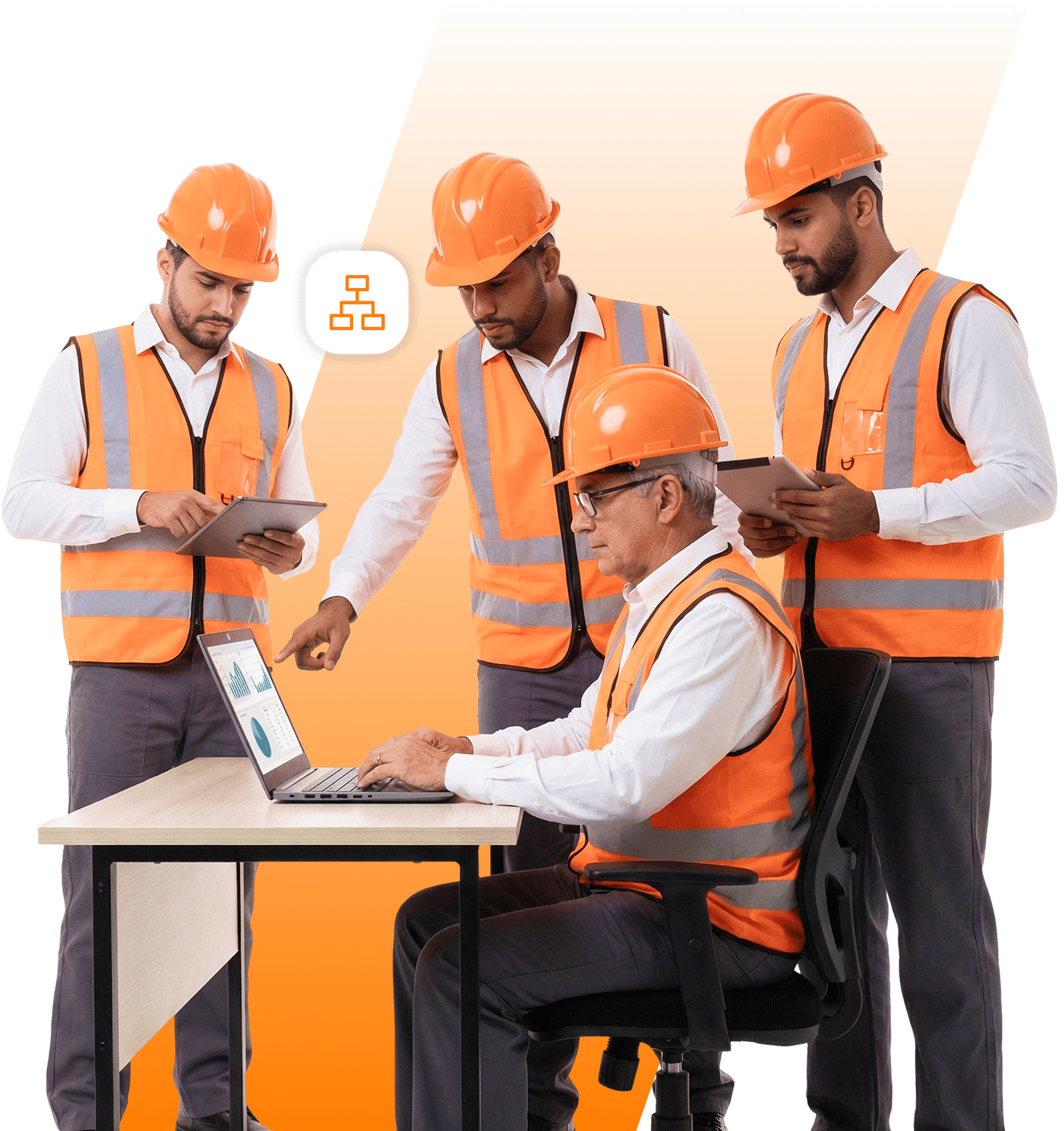 Profissional de segurança com capacete, óculos e protetor auricular, fazendo 'joinha' e segurando um tablet. Ao lado, o logo 'GEC - gestão de empresas contratadas', simbolizando a segurança na gestão de terceiros.